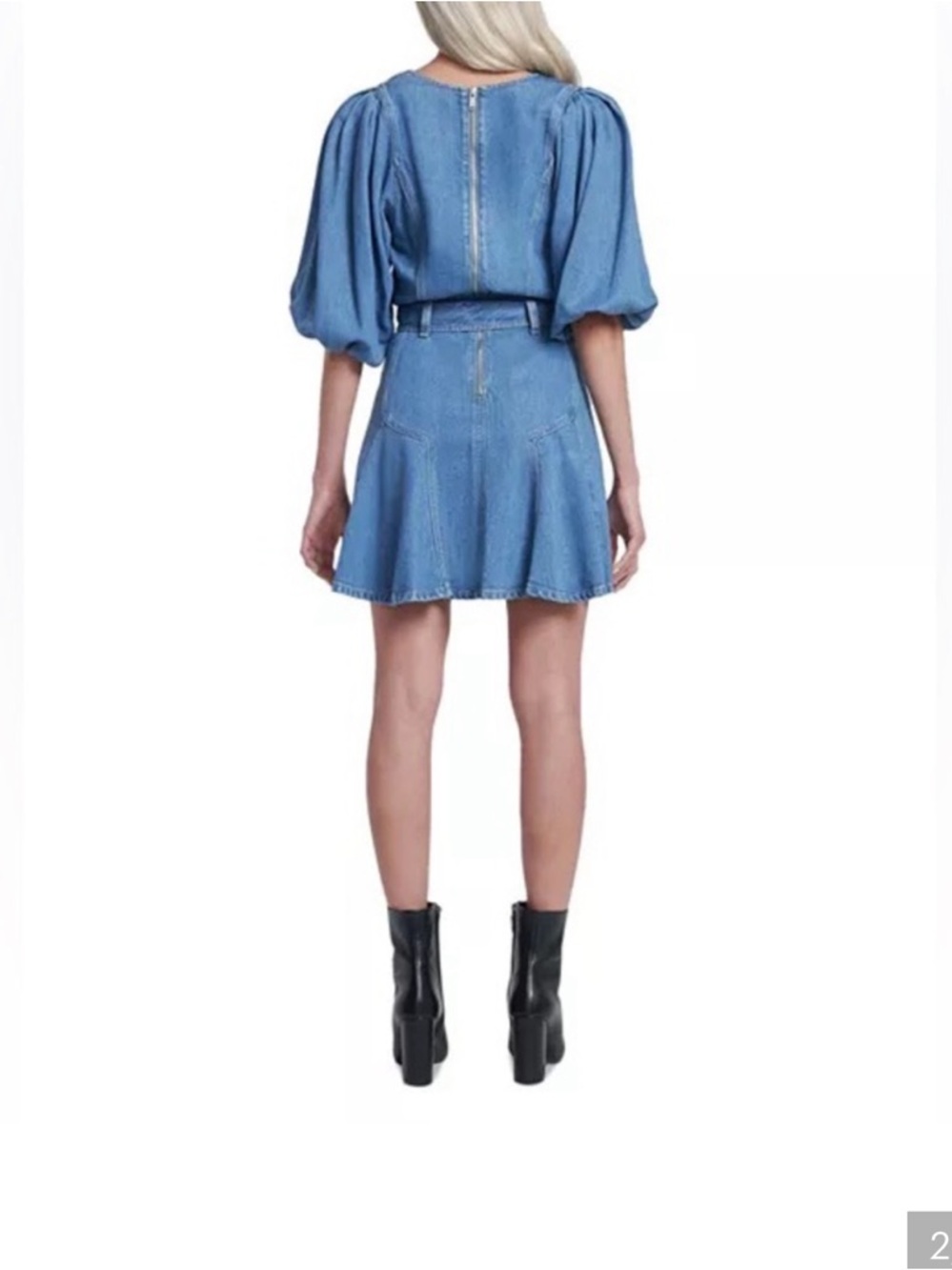 7 For All Mankind denim mini dress V-neckline voluminous puff lantern sleeve - Picture 11 of 11